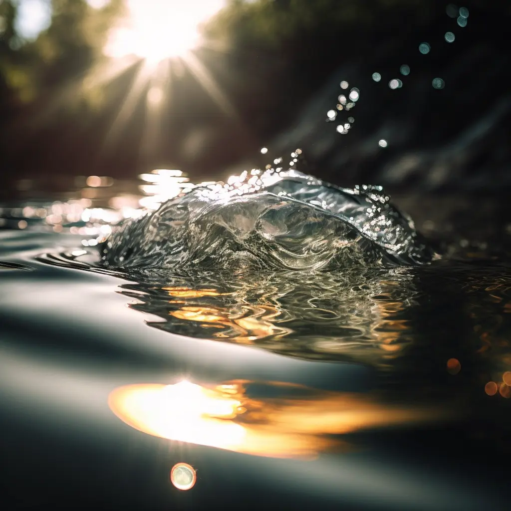 water with sparkling, crisp radiant reflections, sunlight gleaming, Canon 35mm lens, hyperrealistic photography, style of unsplash